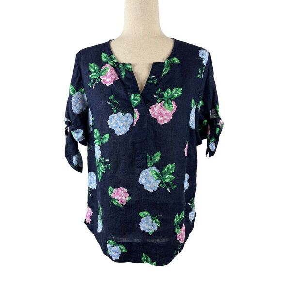 Charter Club Luxury Linen Navy Floral Popover Blouse Top Small Coastal Beachy - Picture 1 of 11